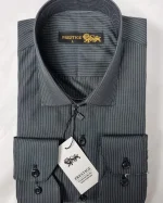 پیراهن حریر خط ریز زمینه مشکی با خط طوسی