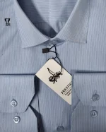 پیراهن حریر خط ریز زمینه آبی با خط سرمه ای - تصویر 2