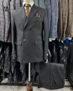 کت و شلوار دبل برست دیپلمات مشکی خط سفید